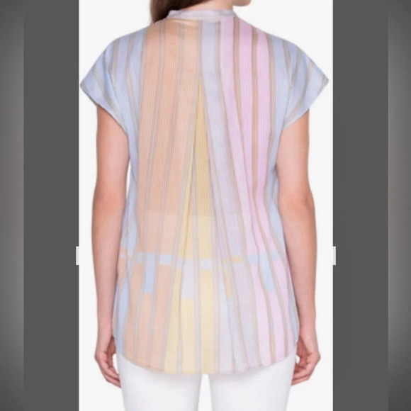 Akris Half Zip Multicolor Pastel Stripe Sheer Cotton Blouse - Size 10 (US) - Picture 2 of 9